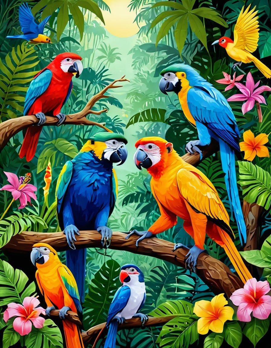 A vibrant and surreal scene depicting various wildlife species engaged in playful, flirtatious behaviors in a lush jungle setting. Include colorful birds, playful monkeys, and exotic flowers, all intertwined in a whimsical dance of nature's hidden eroticism. The atmosphere is lively and enchanting, inviting viewers to discover the wild romance within the animal kingdom. super-realistic. vibrant colors. jungle background.