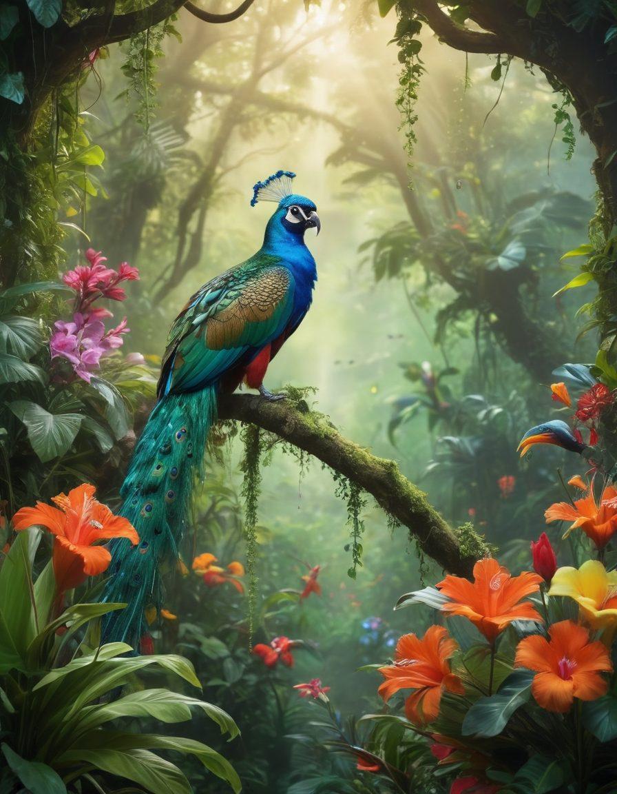 A mesmerizing jungle scene featuring a vivid array of exotic animals like a vibrant peacock displaying its feathers, a playful monkey swinging through lush green vines, and a pair of tropical parrots perched above, all infused with an ethereal glow that evokes a sense of desire and adventure. Mist swirls around the scene, and colorful flowers bloom in the foreground. The overall ambiance should feel enchanting and tantalizing. super-realistic. vibrant colors. dramatic lighting.